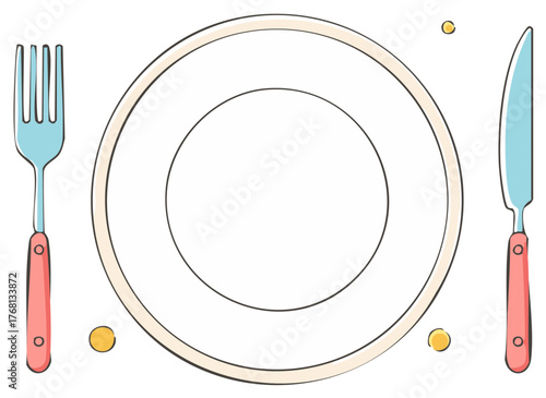 Hand drawn illustration of a dining place setting with an empty white plate fork and knife