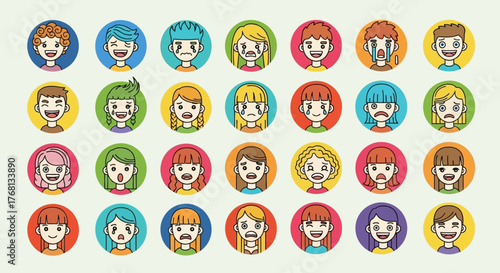 Diverse range of hand-drawn emotion faces in circular frames showcasing varied expressions