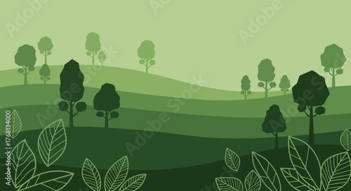 Serene and calming vector landscape illustration of green rolling hills and leafy trees