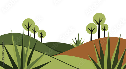 Stylized countryside landscape with rolling hills, trees, and verdant vegetation drawing