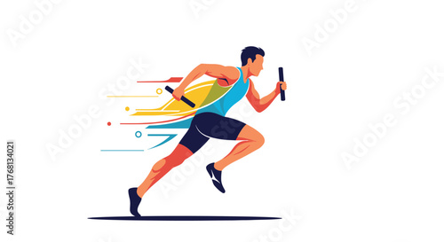 Dynamic illustration of a male runner in mid-stride, holding a baton in a relay race.
