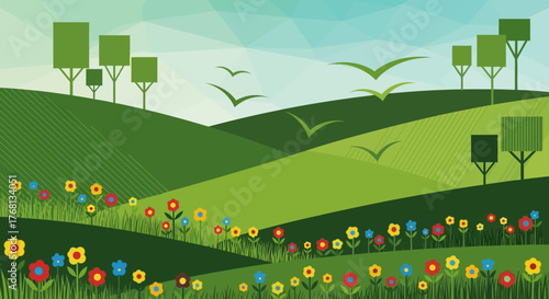 Stylized nature landscape featuring rolling green hills and blossoming spring wildflowers