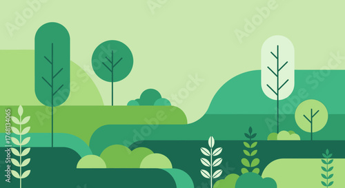 Geometric serene landscape with calming green tones and minimalist design style