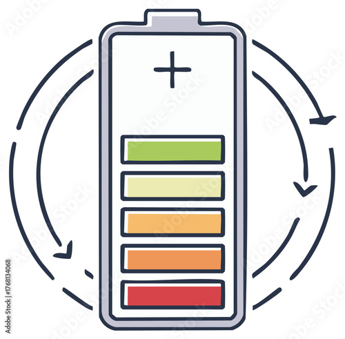 Battery energy level indicator with recycling arrows and plus sign