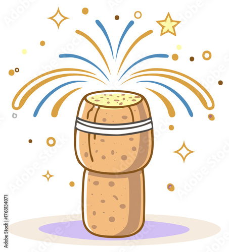 Celebratory champagne cork pop with sparkling festive elements