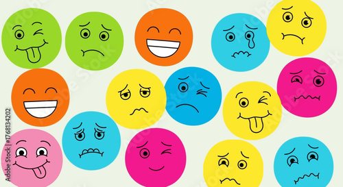 A collection of cartoon emoticon showing various emotions in different colours is great for design