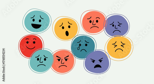 Colorful emotional expressions drawn as emoticons represent various states of mind