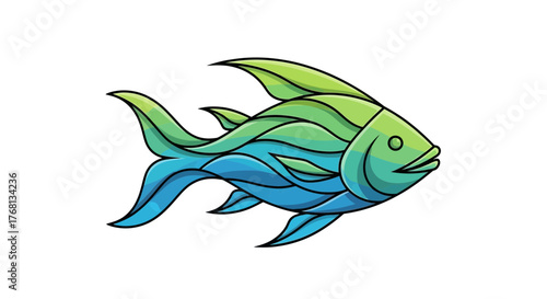 Stylized fish illustration with vibrant blue and green gradient colors on white background