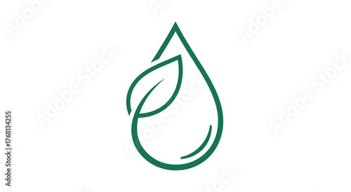 Minimalist Green Water Drop with Leaf Icon Symbolizing Natural Hydration and Eco-Friendliness