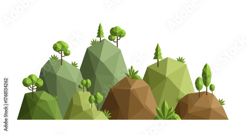 Low-Poly Mountain Range with Verdant Trees and Foliage in a Minimalist Graphic Style