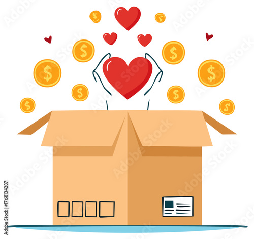 Illustration of Hearts and Coins Being Donated into a Donation Box