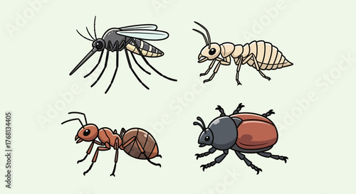 Cartoon insects variety, a colorful collection with mosquito termite ant and beetle illustration