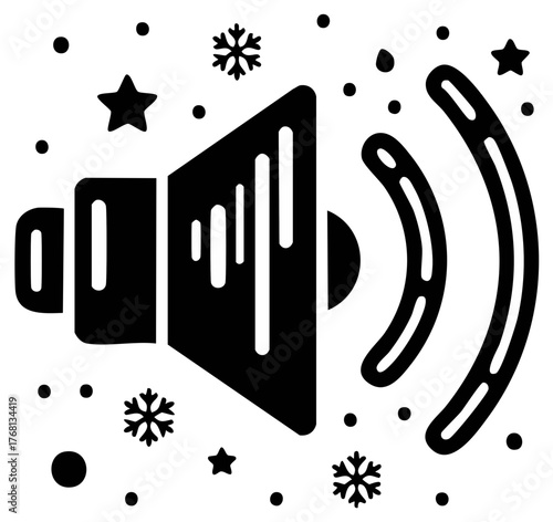 Festive holiday announcement icon with a loudspeaker broadcasting music with snowflakes and stars
