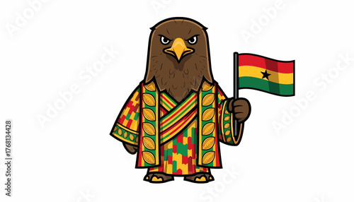 Ghanaian Eagle Mascot with National Flag, Cartoon Illustration for Cultural and Patriotic Themes
