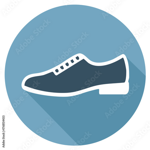 Modern stylish men's dress shoe in dark color with white accents displayed over a simple blue circle background illustration.