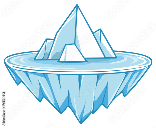 Cartoon Floating Iceberg: Frigid Water, Frozen Peaks, Environmental Ice Melt