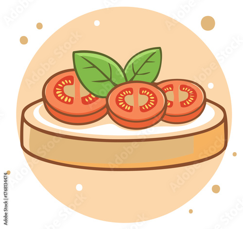 Illustration of a toast with tomato slices and basil leaves, a healthy and delicious snack