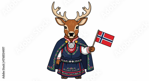 Illustration of a Deer Dressed in Norwegian Folk Costume with the National Flag