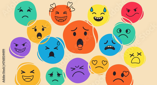 Dynamic display of emotional diversity featuring vibrant and expressive cartoon faces illustrating
