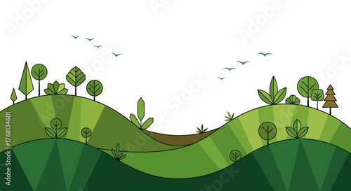 Stylized rolling green hills landscape with varied flora and avian silhouettes against a clean