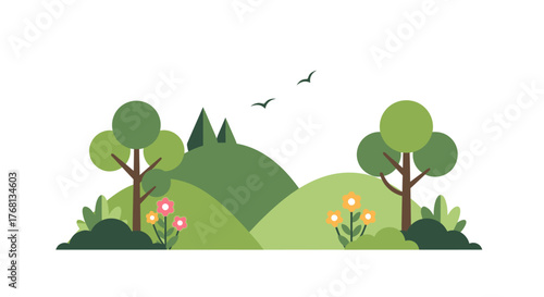 Stylized natural landscape scene showcasing rolling green hills and flourishing flora with gentle