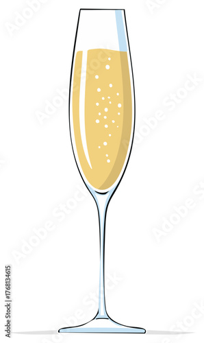 Elegant stylized champagne flute illustration filled with bubbly golden alcohol drink with sparkling bubbles against a white background