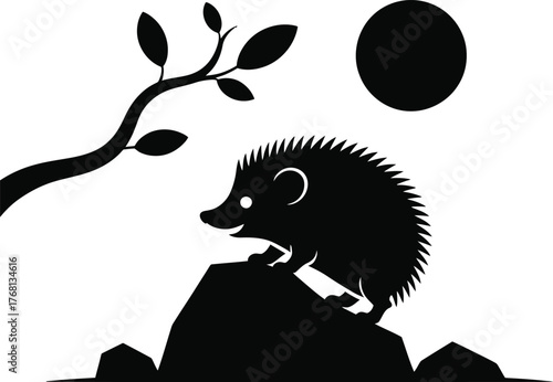 Whimsical hedgehog on a rock under a moonlit sky with a branch silhouette
