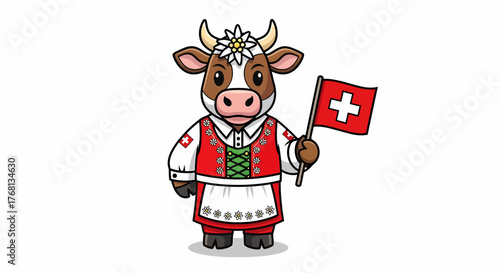 Adorable Swiss cow character wearing a traditional dress with an edelweiss flower and holding a flag