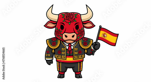 Toro Mascot Dressed as Matador with Spanish Flag Cartoon Vector Illustration