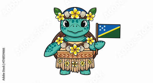 Solomon Islands Turtle Mascot with Flag and Floral Lei