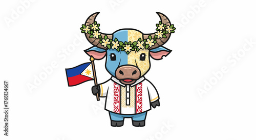 Cute Filipino carabao character in traditional attire with a flower crown, proudly waving the flag of the Philippines