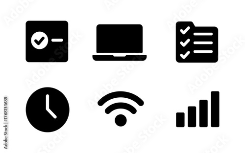 Set of black productivity and remote work icons including checklist, laptop, tasks, clock, Wi-Fi, and signal bars. Flat icon style