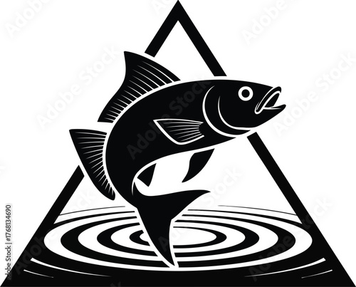 Dynamic silhouette of a fish leaping from a water triangle symbolizing energy and movement