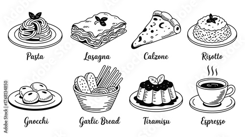 Craving Italian? Enjoy pasta, lasagna, calzone, risotto, gnocchi, garlic bread, tiramisu, and espresso in this stylish monochrome food illustration