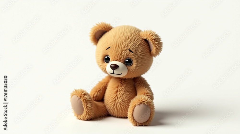 Obraz premium Charming teddy bear sitting on a white background, its endearing eyes and fluffy fur evoking a sense of playfulness and joy, ideal for representing themes of friendship and companionship
