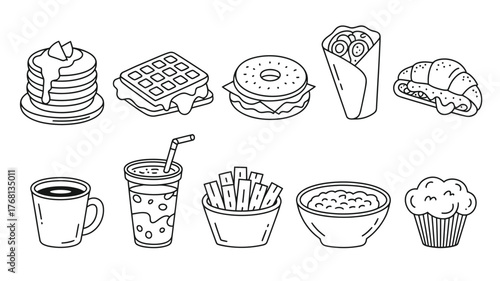 Delicious breakfast and brunch foods in black and white line art for menus, recipes, and food blogs, a vibrant collection of morning favorites