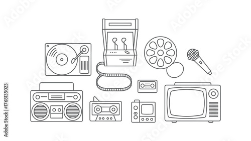 Nostalgic retro entertainment icons bring back the 80s with a vintage record player, arcade game, boombox, and television, perfect for a throwback theme