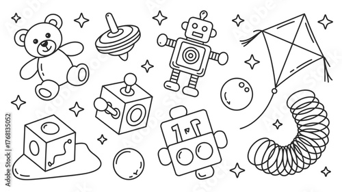 Playful assortment of classic toys evoking happy childhood memories, perfect for nostalgic designs and whimsical projects, radiating joy and imaginative fun