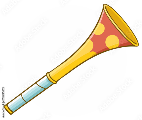 Cartoon illustration of a party horn, with a yellow and red polka dot design.