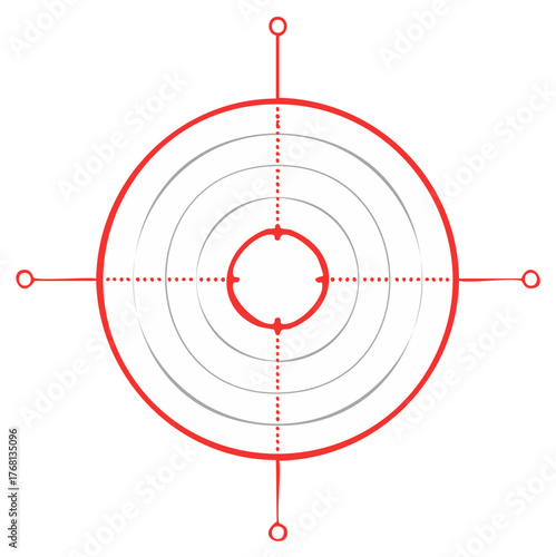 Red Circular Target Aiming Reticle with Dotted Guidelines, Goals, Strategy, Focus. Rings, circles, direction.