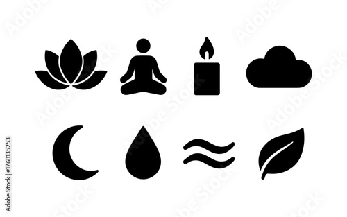 Set of black meditation and mindfulness icons including lotus flower, person meditating, candle, cloud, moon, water drop, wave, and leaf. Flat silhouette style