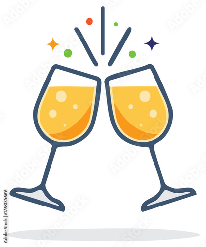Two champagne glasses clinking in a cheerful toast with festive sparkles vector illustration