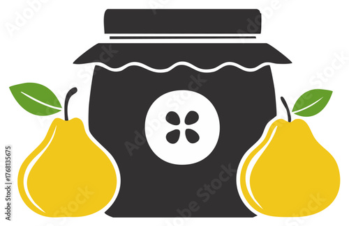 Jar of pear jam with fruit icons.