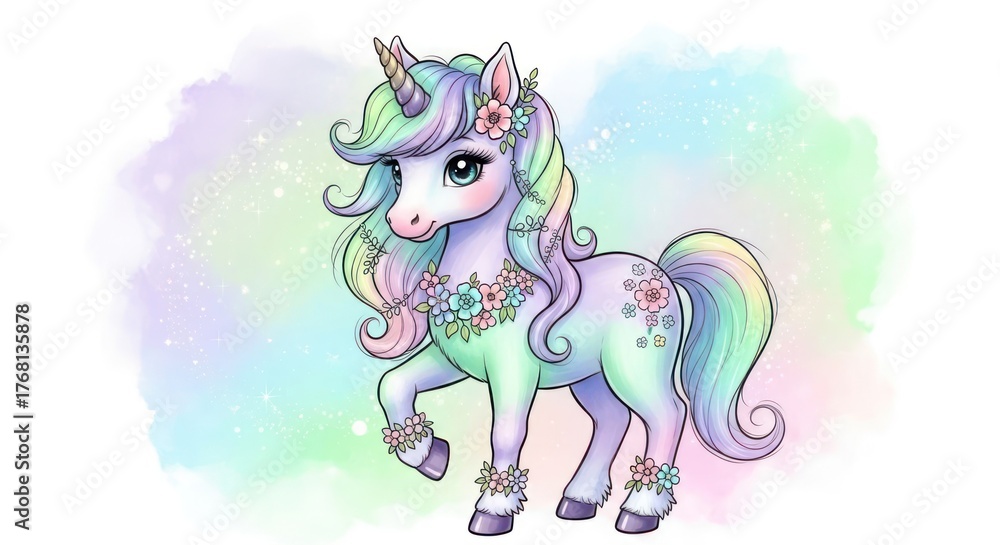 Fototapeta premium Cute Handdrawn Fantasy Unicorn with Pastel Watercolor Background Illustration Artwork