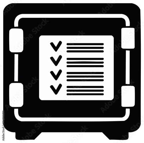 Secure checklist document inside a strongbox icon representing task completion and data safety