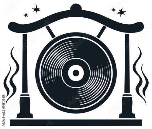Isolated gong illustration showing a traditional percussion instrument with star ornaments on top and smoke on the sides