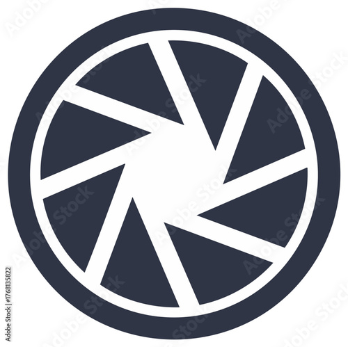 Circular camera aperture icon representing photography lens exposure technology and visual media