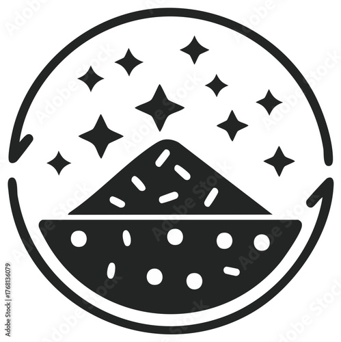 Cleaning process icon showing dirt being converted into shiny stars in circular loop