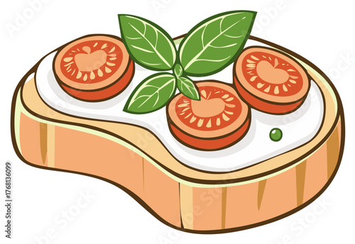 Illustration of a Toast with Cream Cheese, Sliced Tomatoes and Basil Leaves