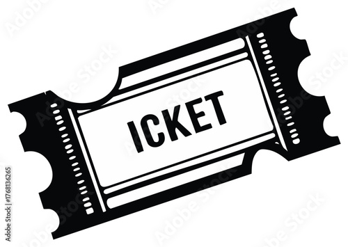Black and white graphic illustration of a ticket with the word 'ICKET' in bold text.